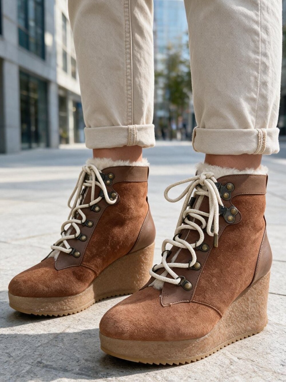 Joie Alary Hiker Ankle Boot Bootie, Brown Suede Shearling, Lace up Platform 37/7